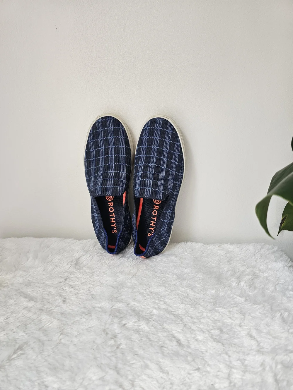 Rothy's The Sneaker Retired Indigo Gingham Slip On Shoes